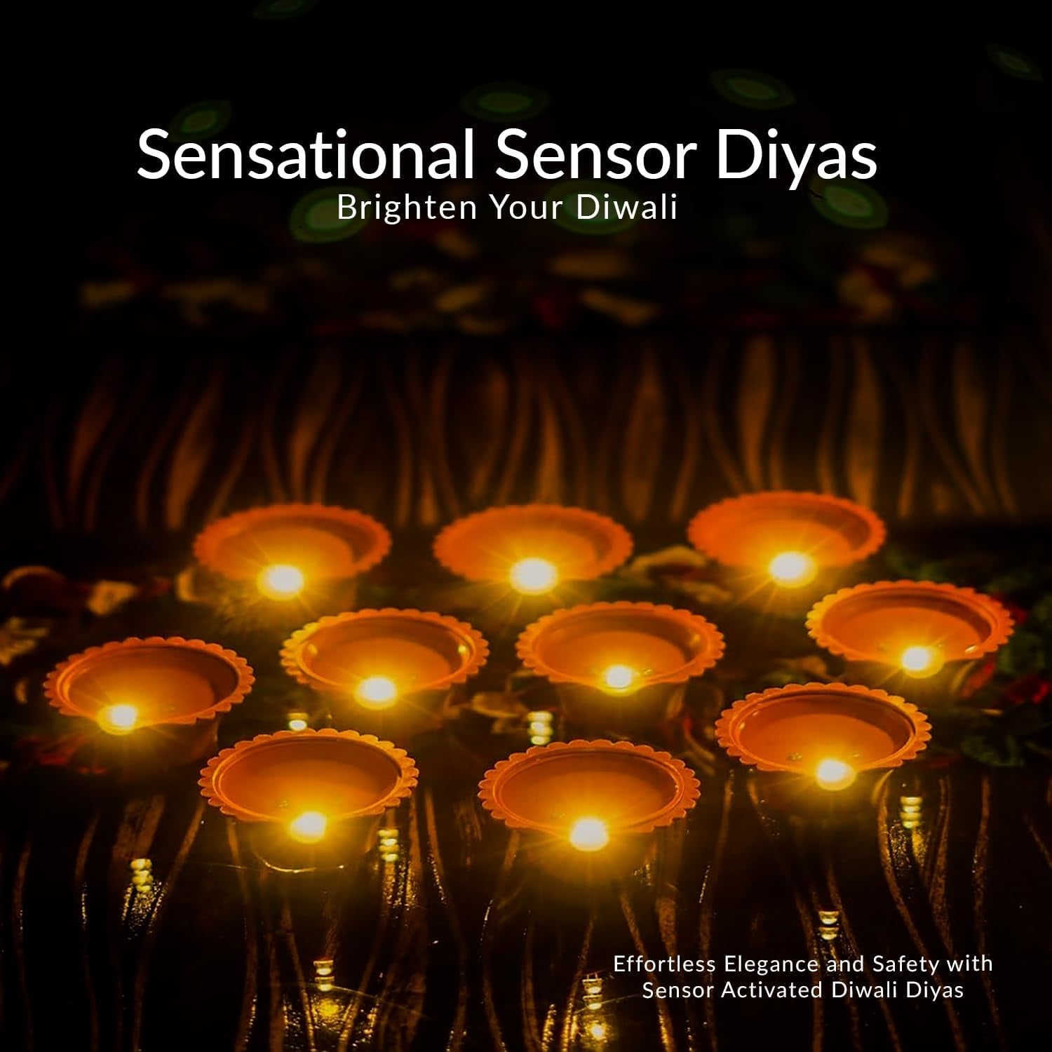 Set of 12 water sensor diyas arranged for a safe Diwali decoration.