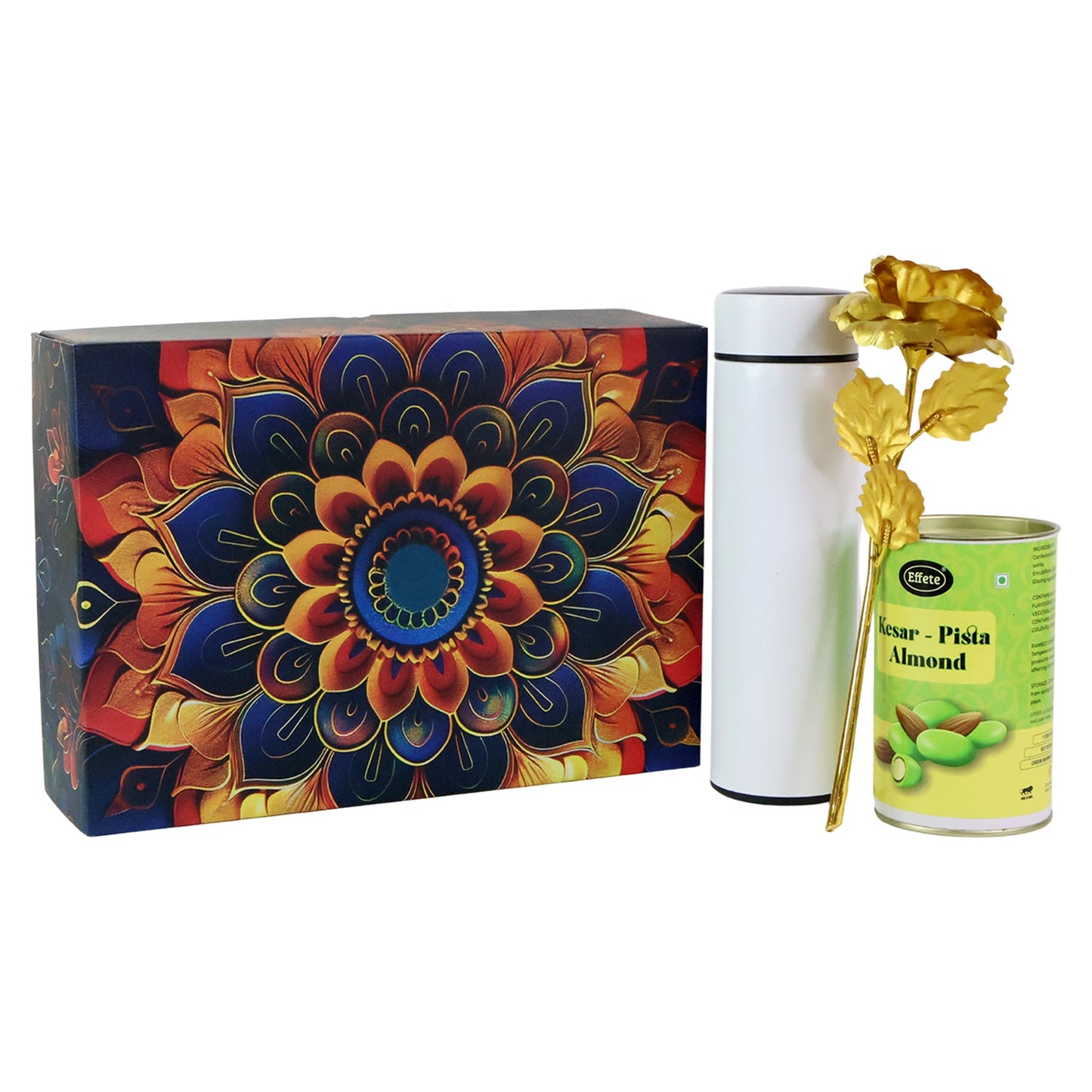 Golden decorative rose included in kesar pista almonds gift hamper.