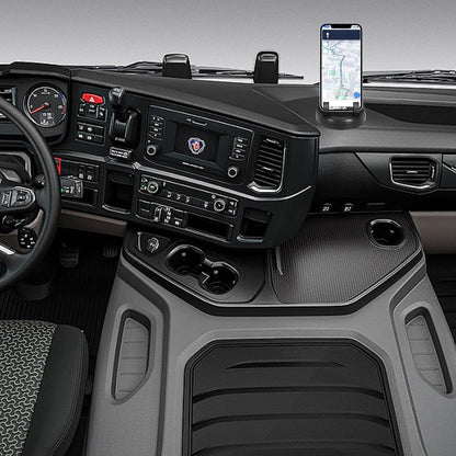Car phone holder displaying the temporary parking number plate feature.