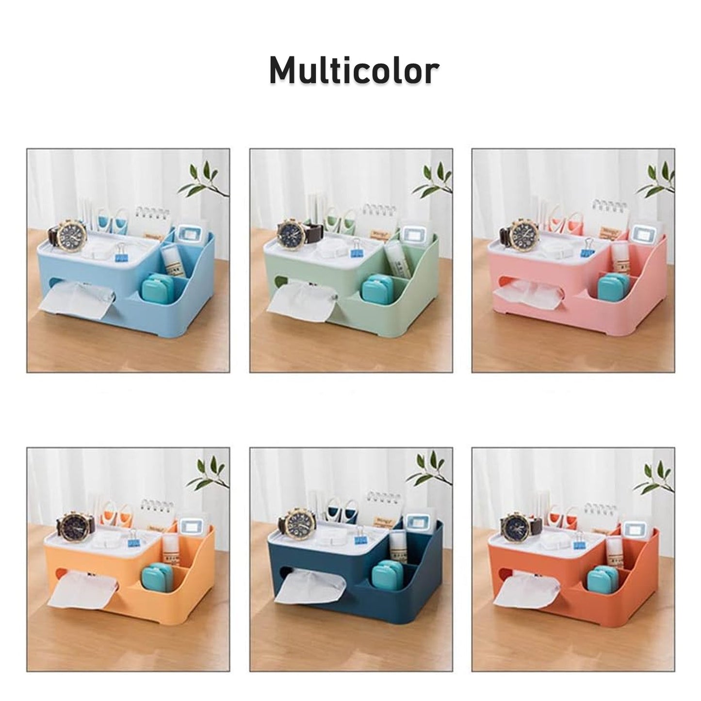 6-Compartment Desk Organizer – Multi-Function Storage for Tissue, Stationery, Remote & Mobile (Home/Office)