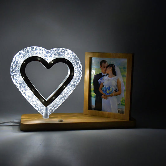 Heart shape crystal LED photo frame lamp glowing warmly