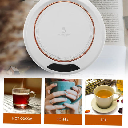 Close-up of the heating plate on the USB mug warmer with an indicator light.