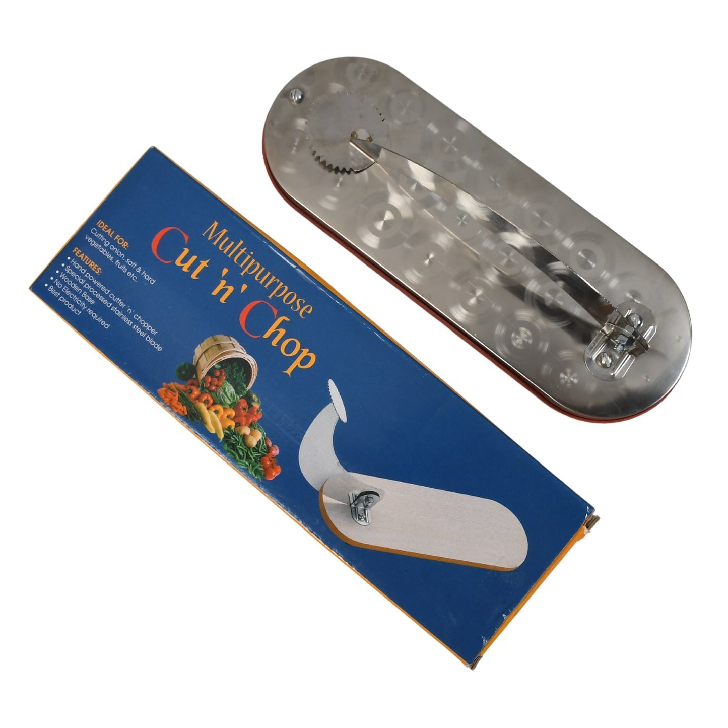 Versatile steel cutter efficiently chopping meat and vegetables.