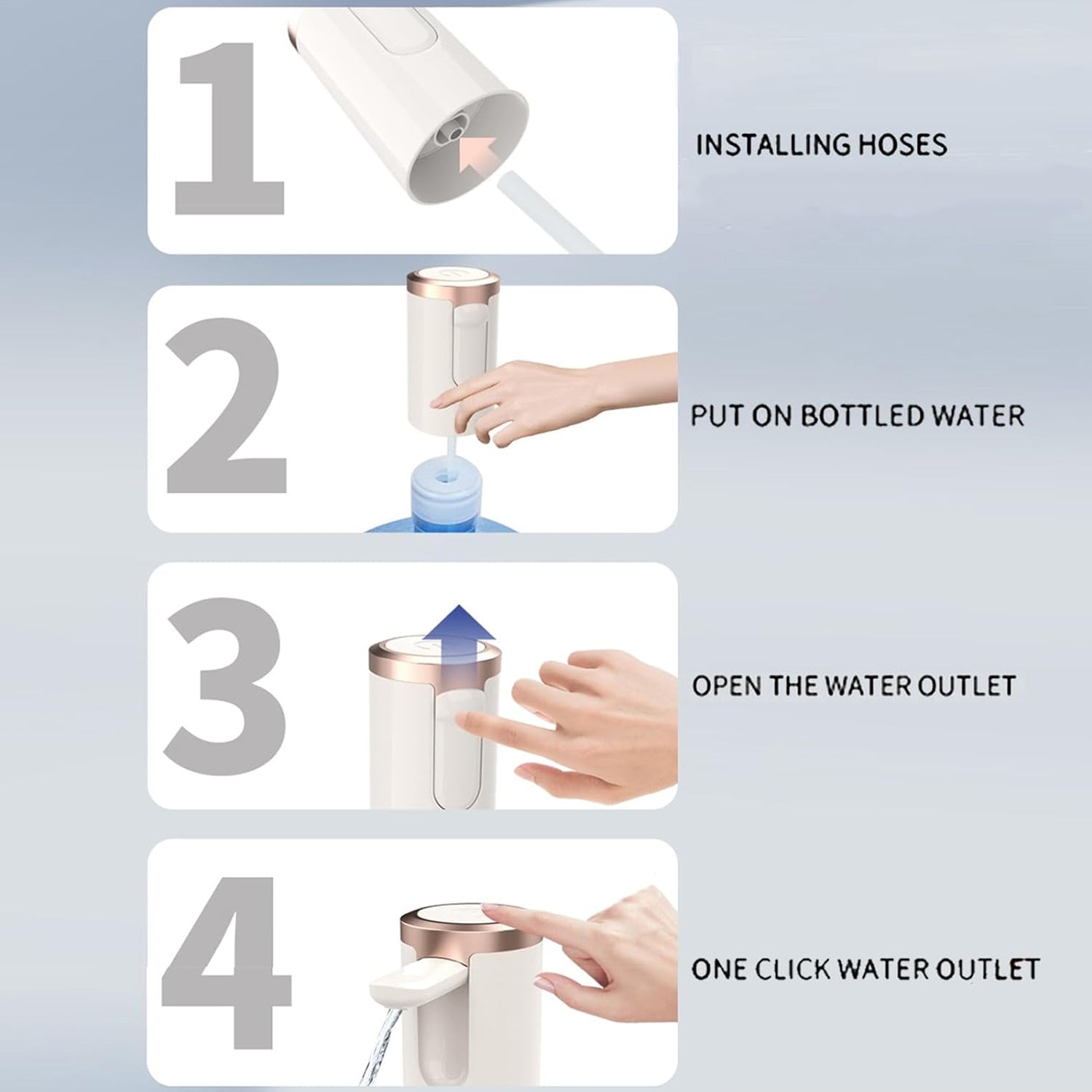 The automatic water dispenser demonstrating compatibility with various bottle sizes.