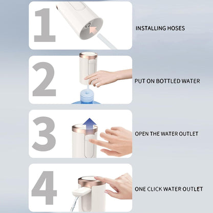 The automatic water dispenser demonstrating compatibility with various bottle sizes.