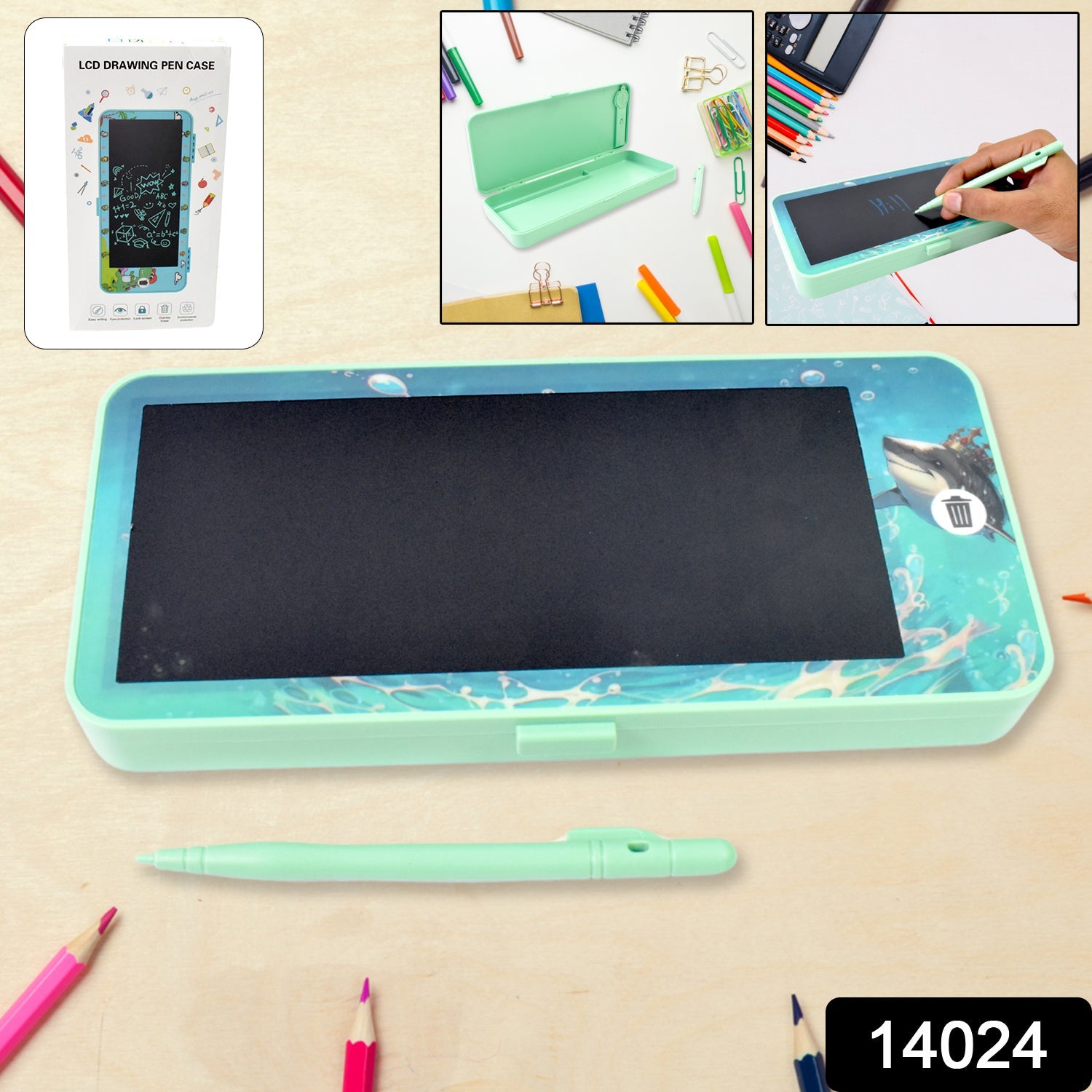 Child happily drawing on the blue electronic writing pad with eye protection screen.