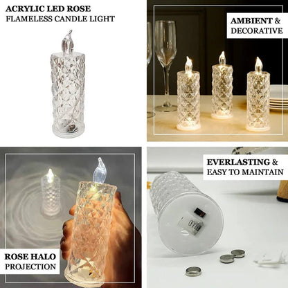 Smokeless LED rose candle with an acrylic design, ideal for special occasions.