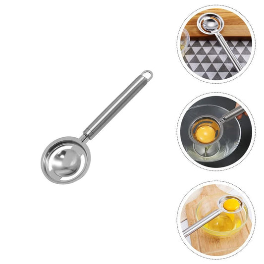 Stainless steel egg separator with a handle, ready to filter egg yolks and whites.