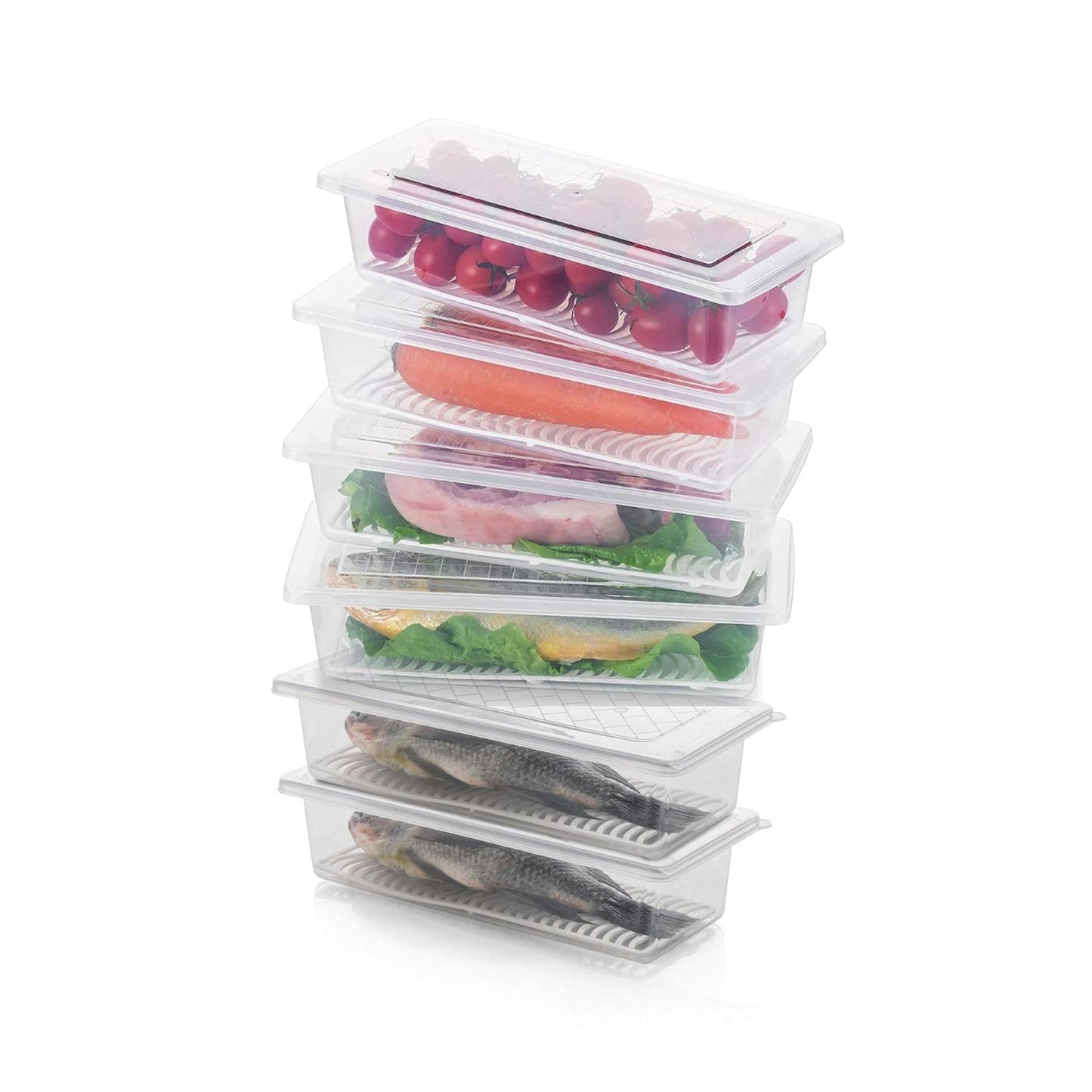 Fresh green vegetables stored neatly in an Organivo freezer container with a drain plate.
