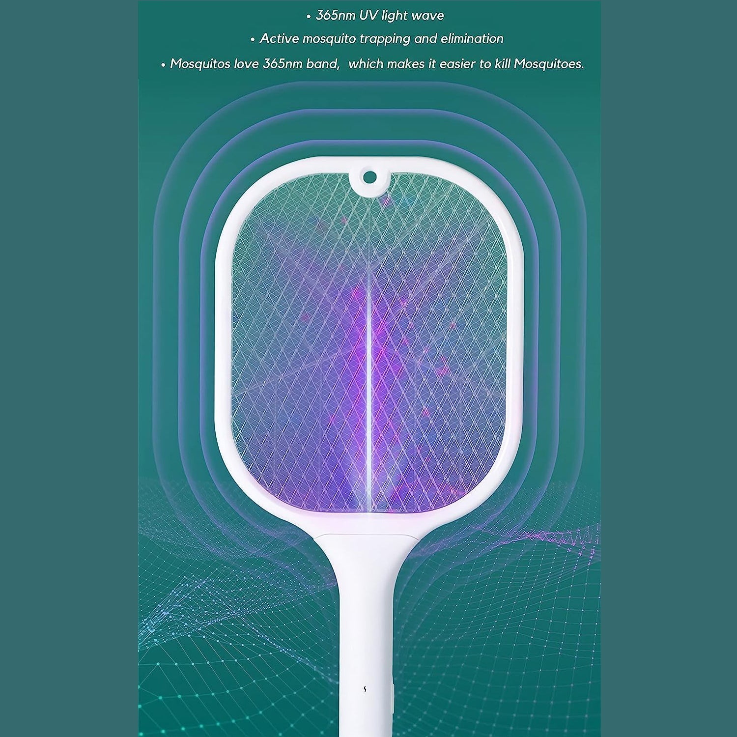 Insect killer racket with its convenient USB charging base.