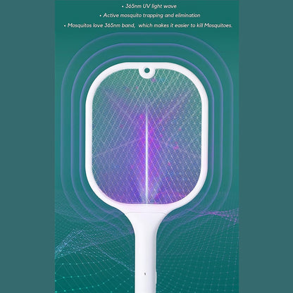 Insect killer racket with its convenient USB charging base.