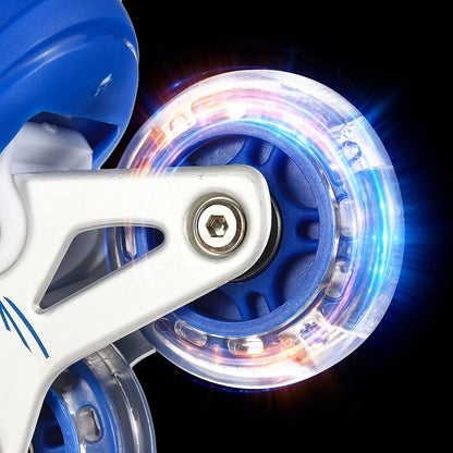 Colorful LED inline skates with illuminated wheels.