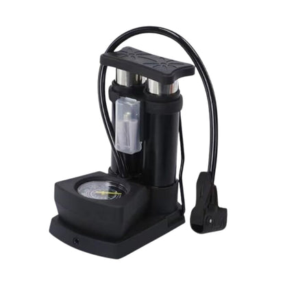 Angled view of the Safora mini bike pump, highlighting its robust construction.