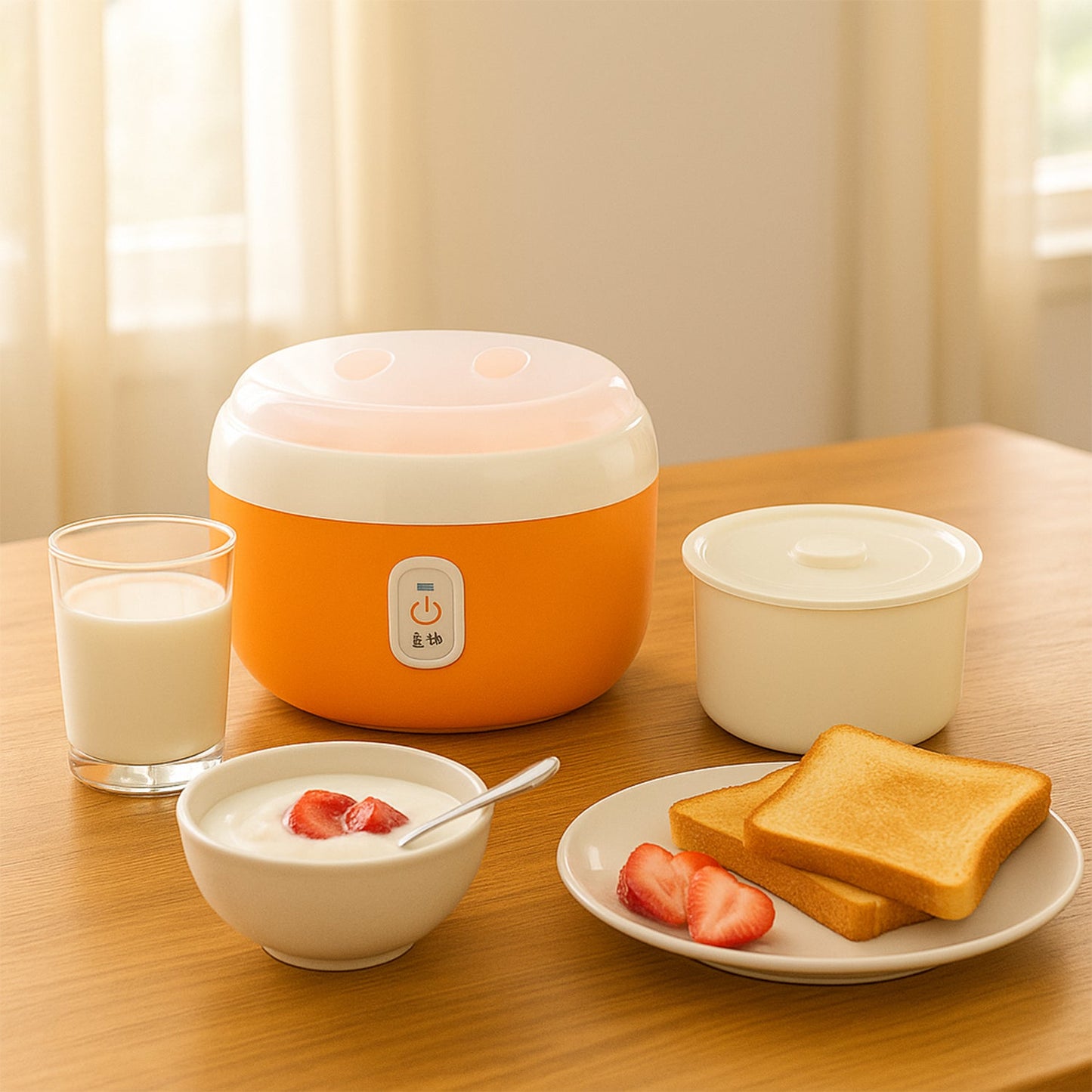 Side view of the Chef's Embrace Automatic Yogurt Maker, highlighting its sleek and compact design.