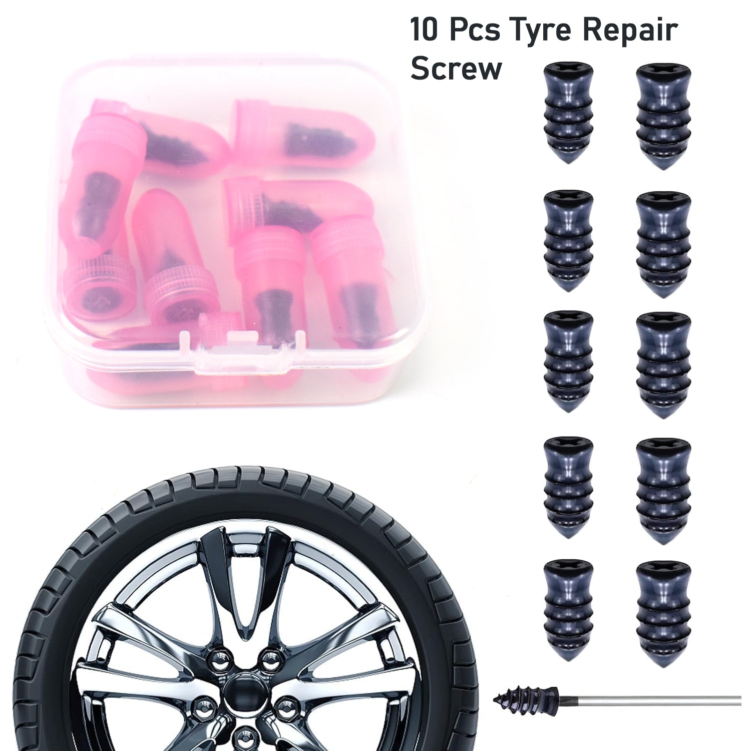 Rubber tire repair nails kit with a pink cap, shown in a box.