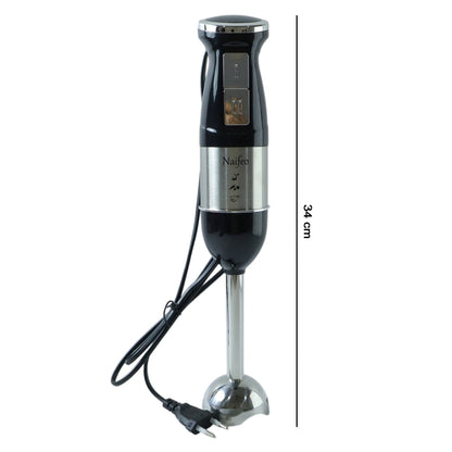 Portable hand blender with stainless steel body and 300W motor on table