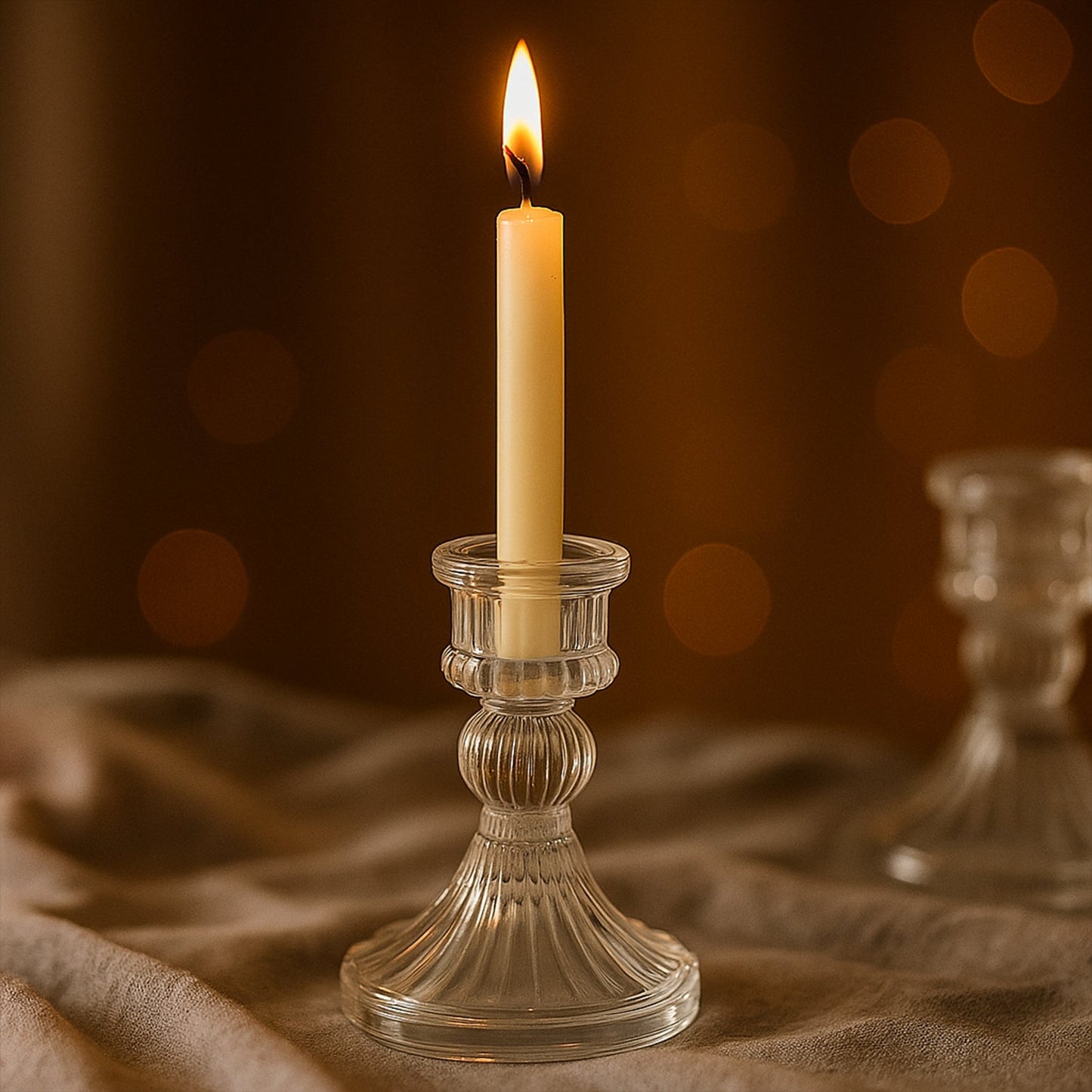 Elegant glass candle holder stand with textured details and flare base
