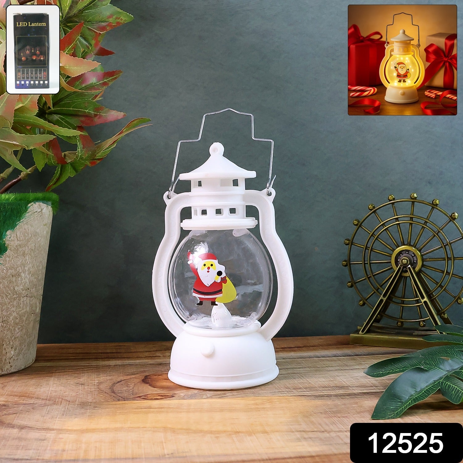 Close-up of a Santa LED lantern with a festive background.