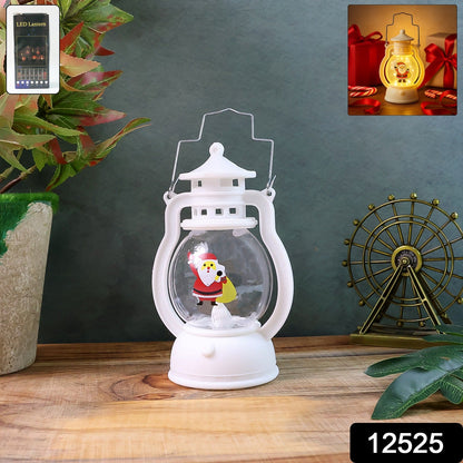Close-up of a Santa LED lantern with a festive background.