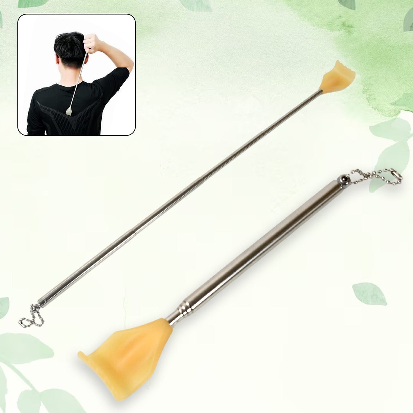 Fully extended stainless steel back scratcher for maximum reach and itch relief.
