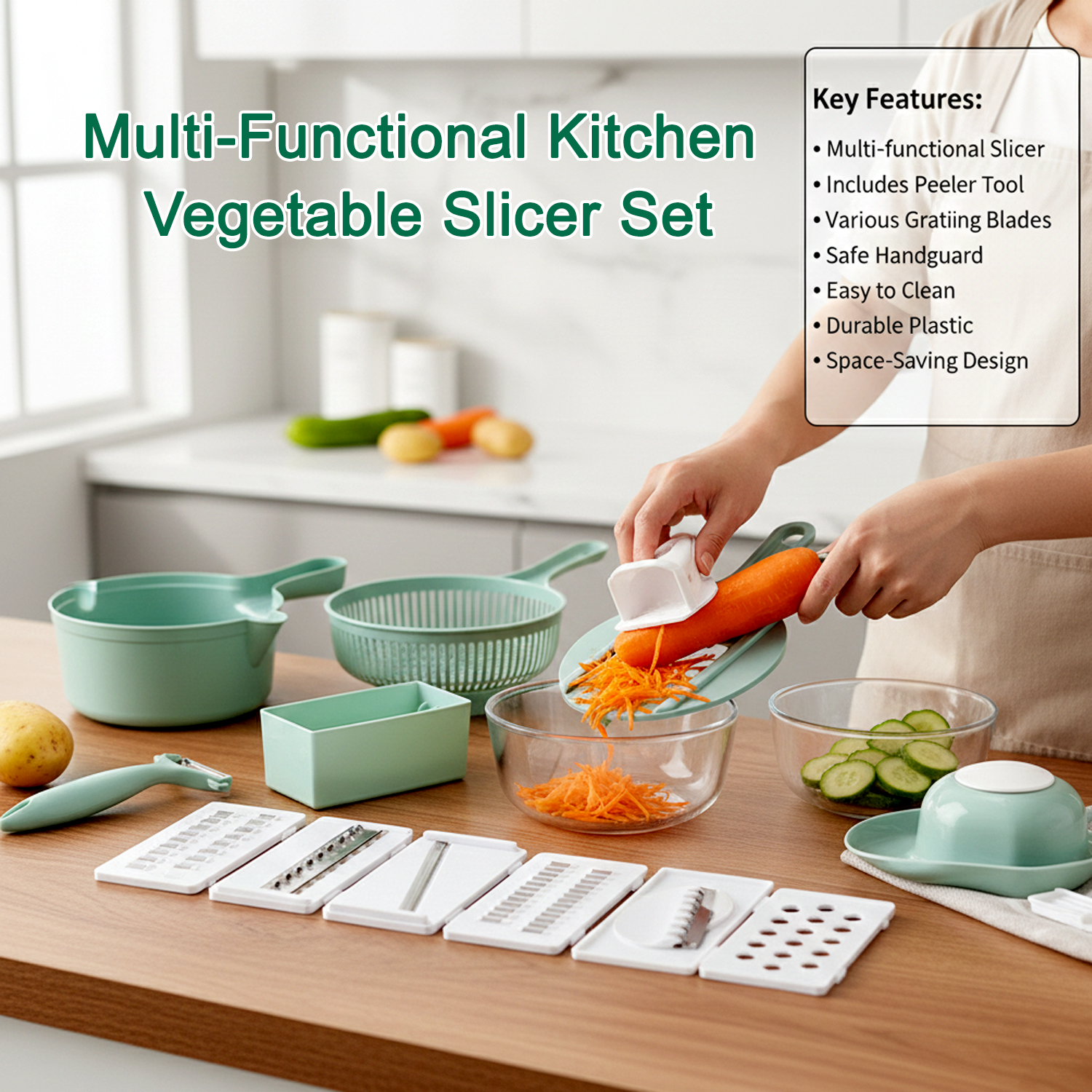 Close up image of multi-functional kitchen vegetable slicer and chopper