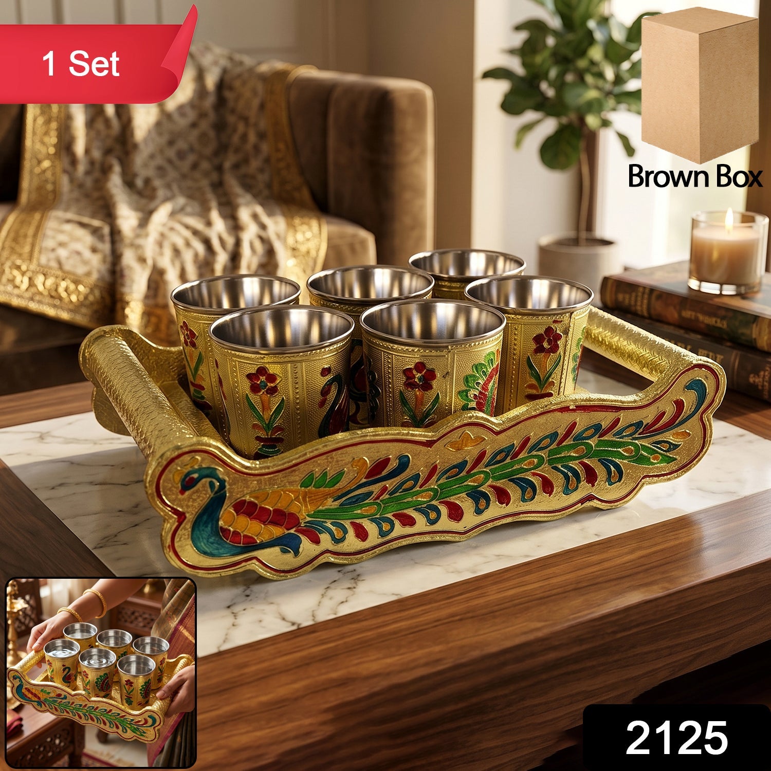 Close-up of a Minakari peacock design on one of the serving glasses.