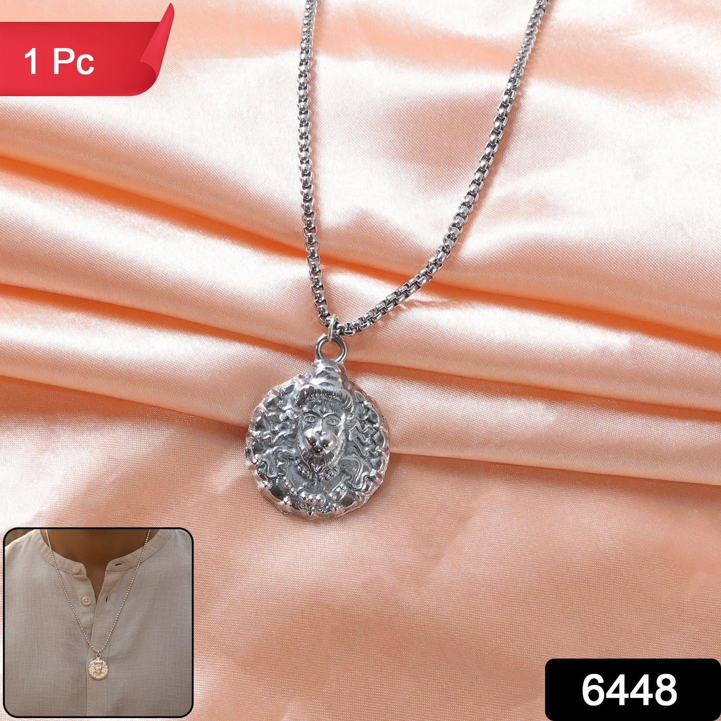 Close-up of silver-tone Hanuman Locket Necklace pendant with intricate detailing.