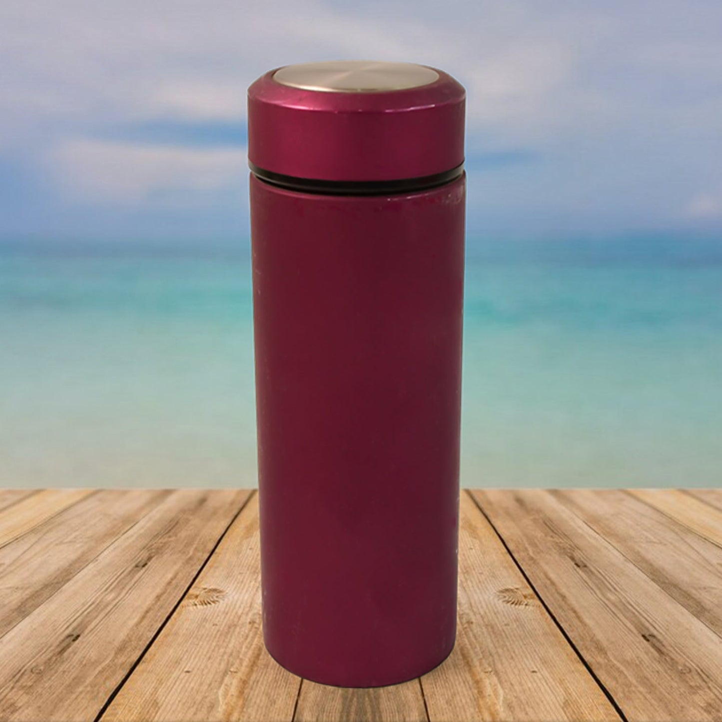Close up of stainless steel insulated travel flask with secure lid