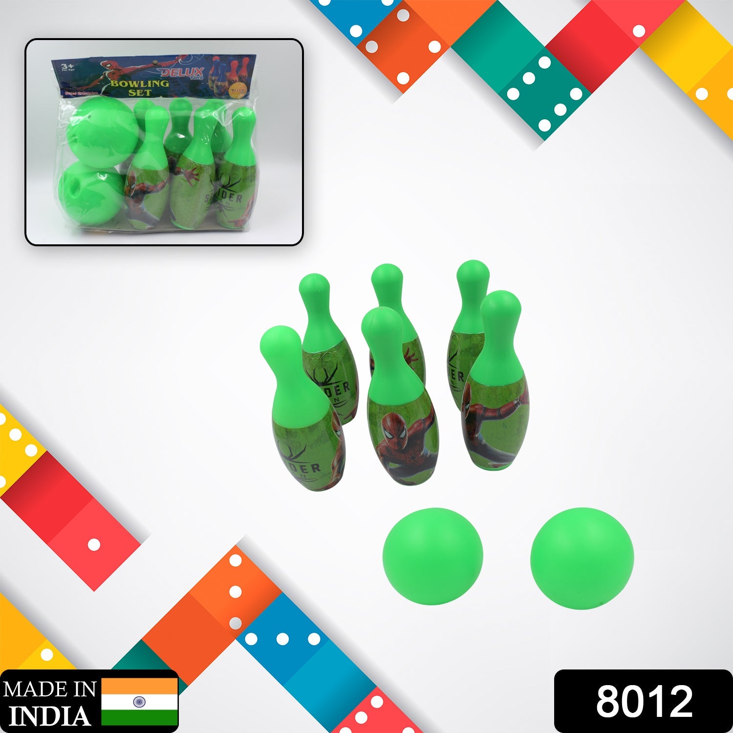 Close-up of a blue bowling ball and red, yellow, green pins in a children's game.