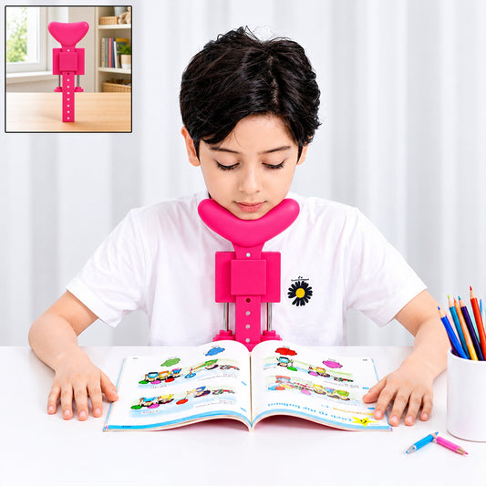 Adjustable kids posture corrector clamped onto a study desk, ready for use.