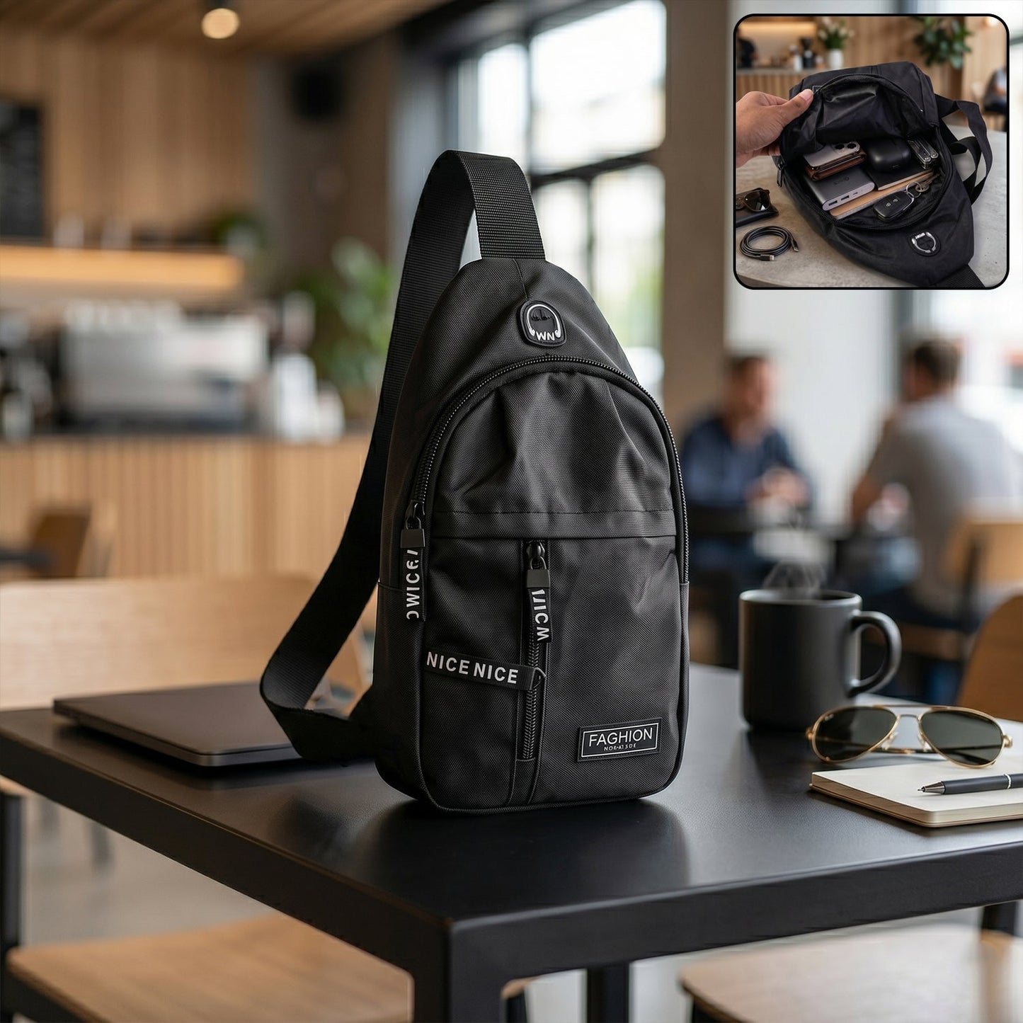 Front view of the FERVENT Waterproof USB Charging Sling Bag, ideal for travel.