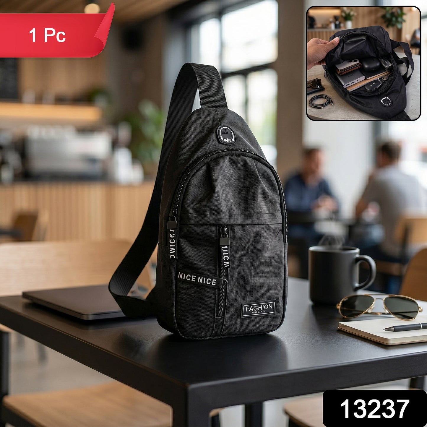Close-up of the waterproof sling bag's USB charging port and headphone jack for on-the-go power.