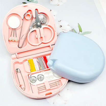 Closed Mini Travel Sewing Kit in a compact plastic case, ready for travel.