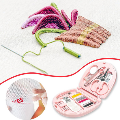 Interior view of the portable sewing kit showing neatly organized needles and scissors.