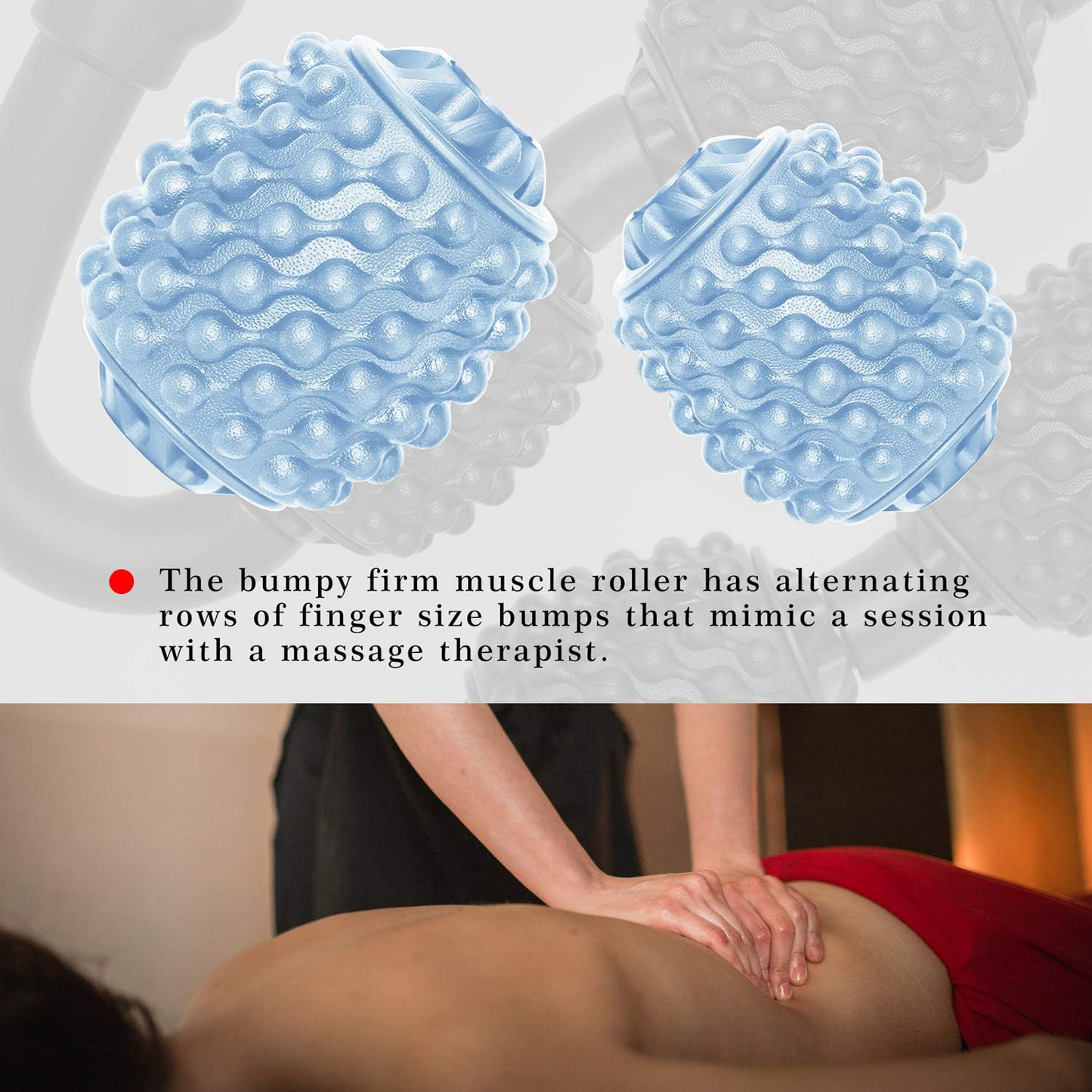 The muscle massage roller featuring drop-shaped massage particles for deep tissue relief.