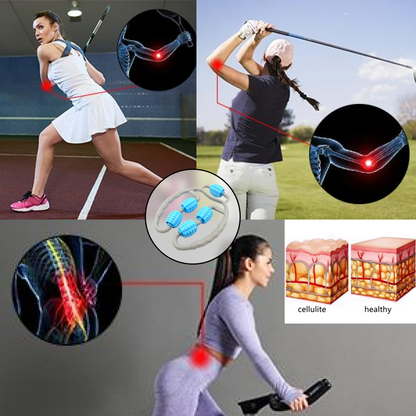 Close-up of the ergonomic handle and flexible 5-wheel design of the muscle massage roller.