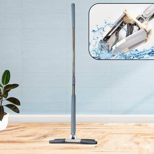 X-shape hands-free mop system with microfiber pad, ready for floor cleaning.