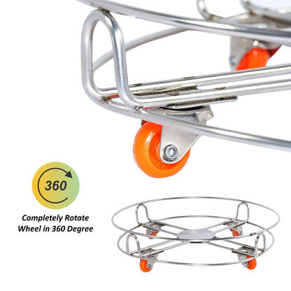 The sturdy heavy-duty stainless steel gas cylinder trolley without a cylinder, showing its robust construction.