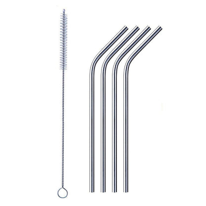 Bent stainless steel straw elegantly placed in a clear drinking glass.