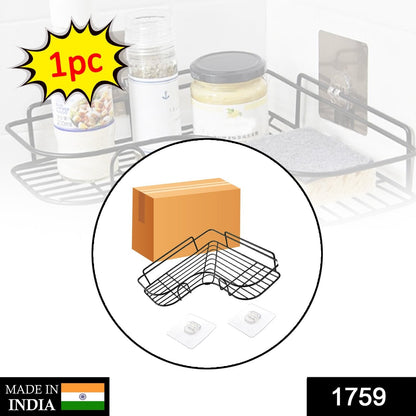 Close-up of the self-adhesive corner shelf showing its strong grip.