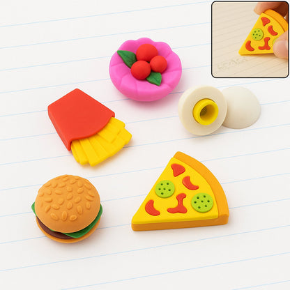 A vibrant 5-piece food-shaped eraser set featuring various mini dessert and snack designs.
