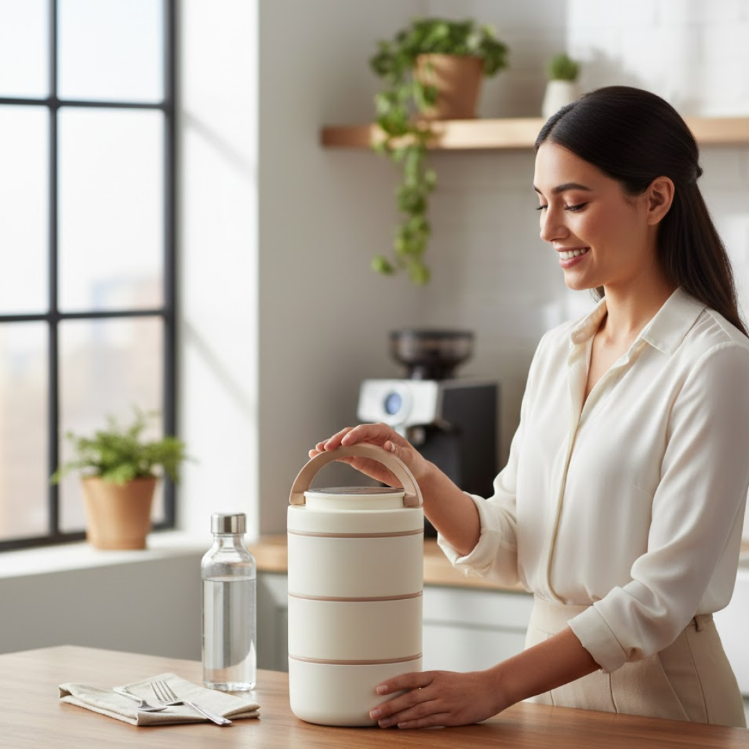Side view of the Ganesh stainless steel tiffin, highlighting its individual stackable compartments.