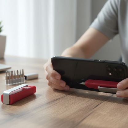 Tech tool pen clearly displaying its 7 screwdriver bits and the phone holder cap.