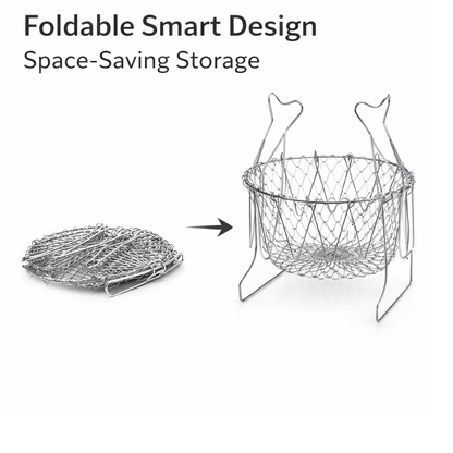 Foldable chef basket showcasing different configurations for washing, frying, and steaming.