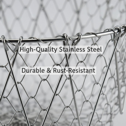 Illustration detailing the dimensions of the compact foldable strainer basket for kitchen use.
