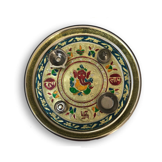 Decorative Pooja Thali crafted from stainless steel with intricate golden and colorful embellishments.