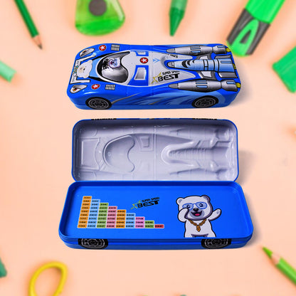 Bright red car shape compass box for kids, open to show stationery compartments.