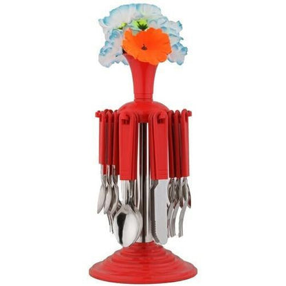 High-quality 24 Pcs cutlery set with stainless steel finish and comfortable plastic handles.