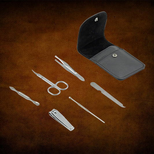 Compact 6-in-1 Nail Care Kit in its travel case, featuring essential personal grooming tools.