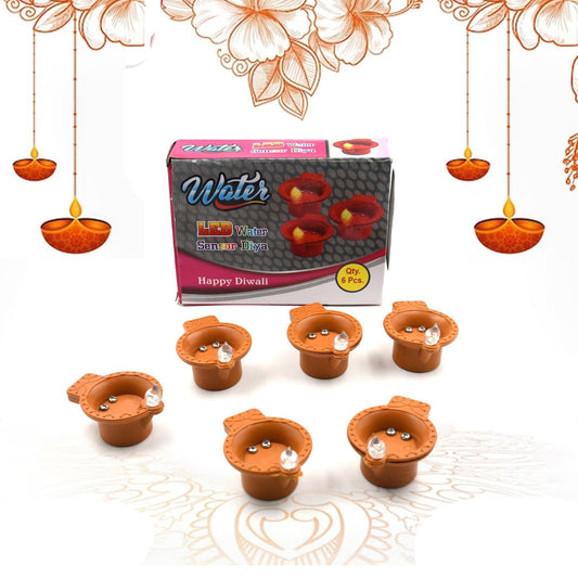 Set of six glowing water sensor diyas arranged for a vibrant Diwali decoration.